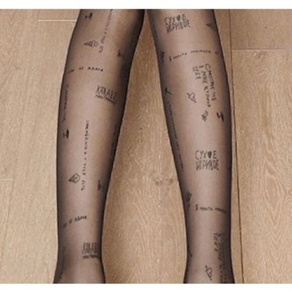 Funny Russian Text Letters Tattoo Printed Black Sheer Nylon Pantyhose Tights NEW - Picture 2 of 9